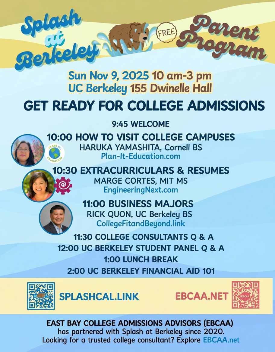 Splash at Berkeley Parent Program — College Admissions event poster, Sunday Nov 9, 2025, UC Berkeley 155 Dwinelle Hall